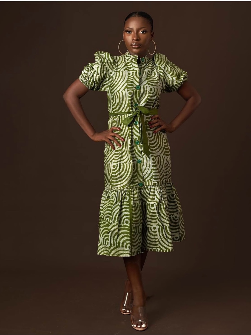 Zanaani African Print Puff-Sleeve Midi Dress with Self-Tie Waist - Size L